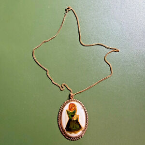 Vintage Girl Pendant Necklace Oval Cameo Style Reading Book Gold Tone 2”